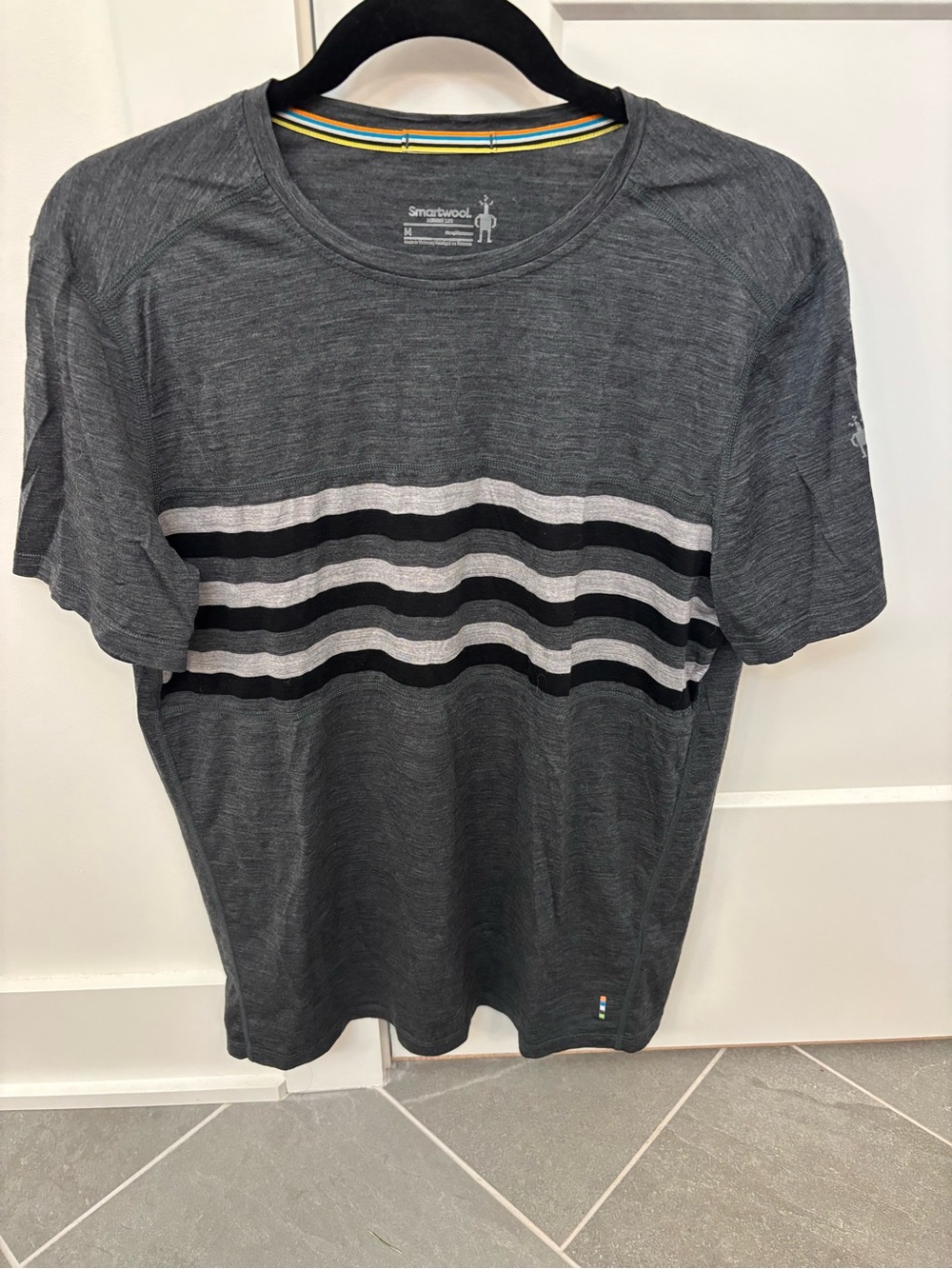 Smartwool Men’s Gray Short-Sleeve Crew with Black and Light Gray Stripes